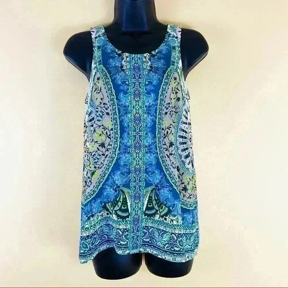 Etcetera Mandala Blue Floral Sleeveless Wrap Open Back Scoop Neck Top - Picture 2 of 10